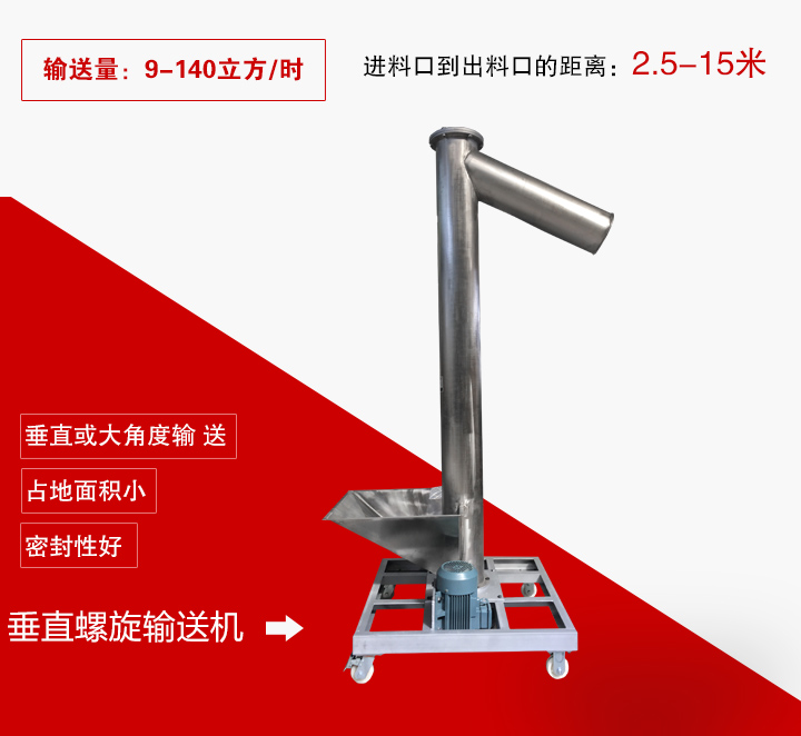 垂直螺旋輸送機用于垂直或大傾角輸送物料，輸送高度可達15米
